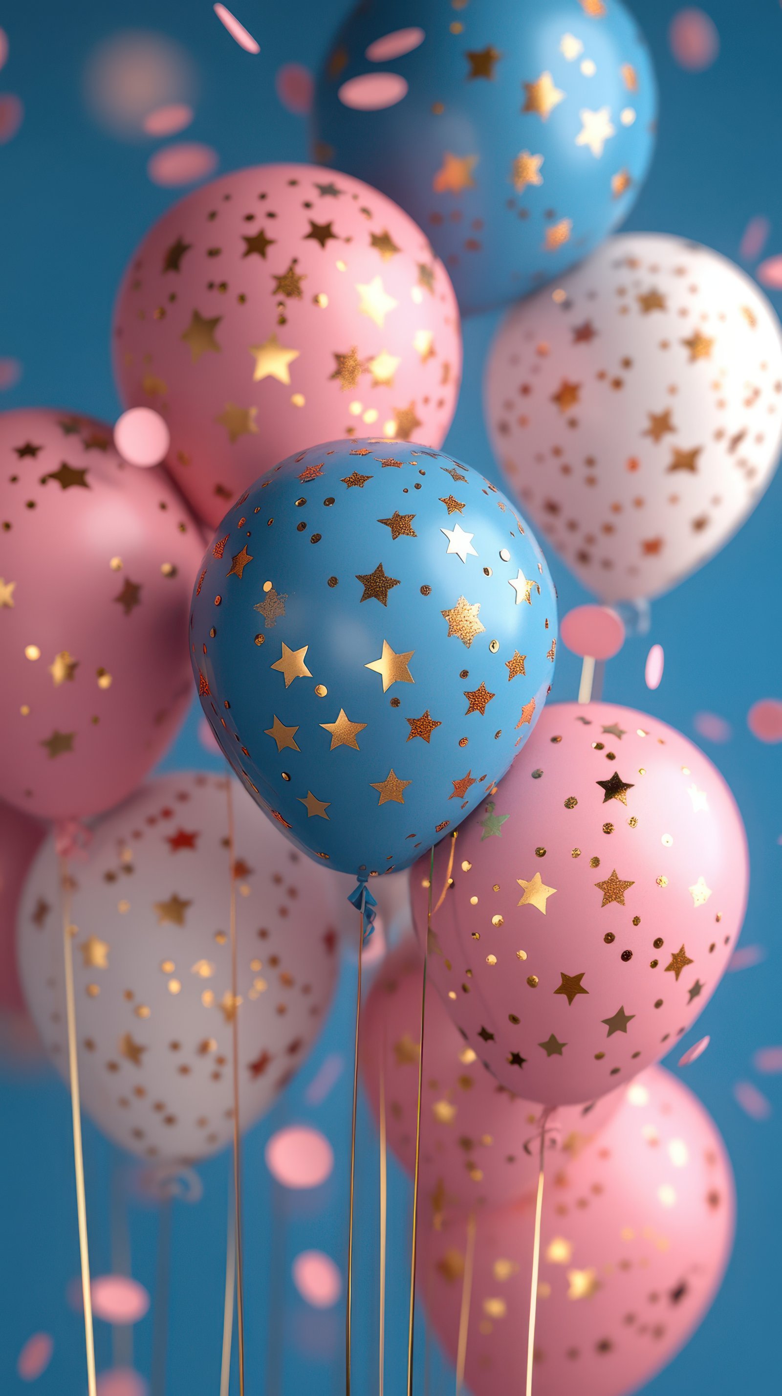 Festive celebration with colorful balloons and confetti on a vibrant blue background